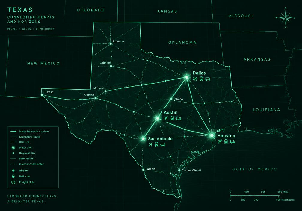 Map of Texas and surrounding states with transport routes connecting Dallas, Houston, San Antonio and Austin